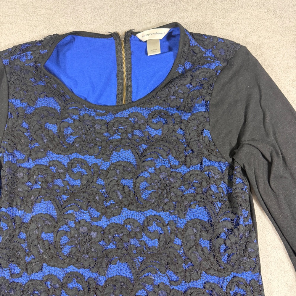 Christopher & Banks Lace Overlay Top Women L Blue Black Long Sleeve Back Zip